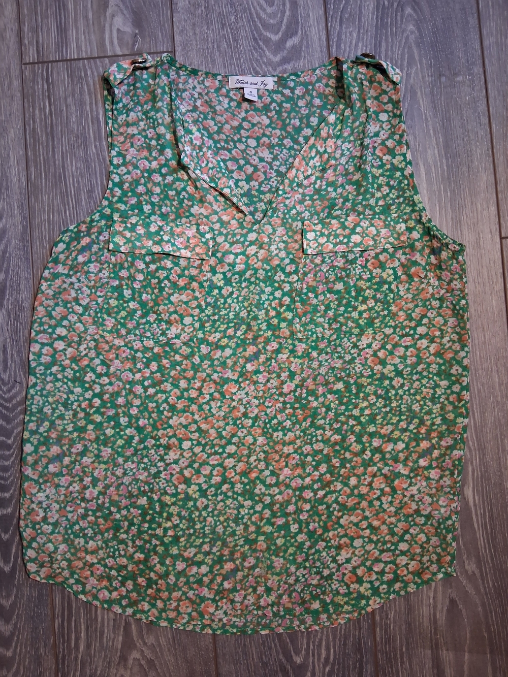 Faith and Joy Green Floral Sleeveless V-Neck Blouse